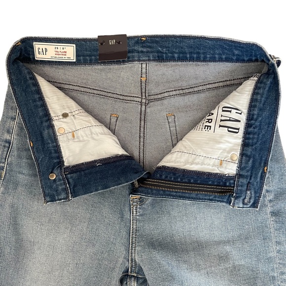 Gap | High Rise Patched '70s Flare Jeans Medium Indigo Size 29 Tall - Picture 7 of 11